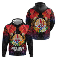 French Polynesia Bastille Day Zip Hoodie Tiare Flower and National Seal Polynesian Pattern LT03 - Polynesian Pride