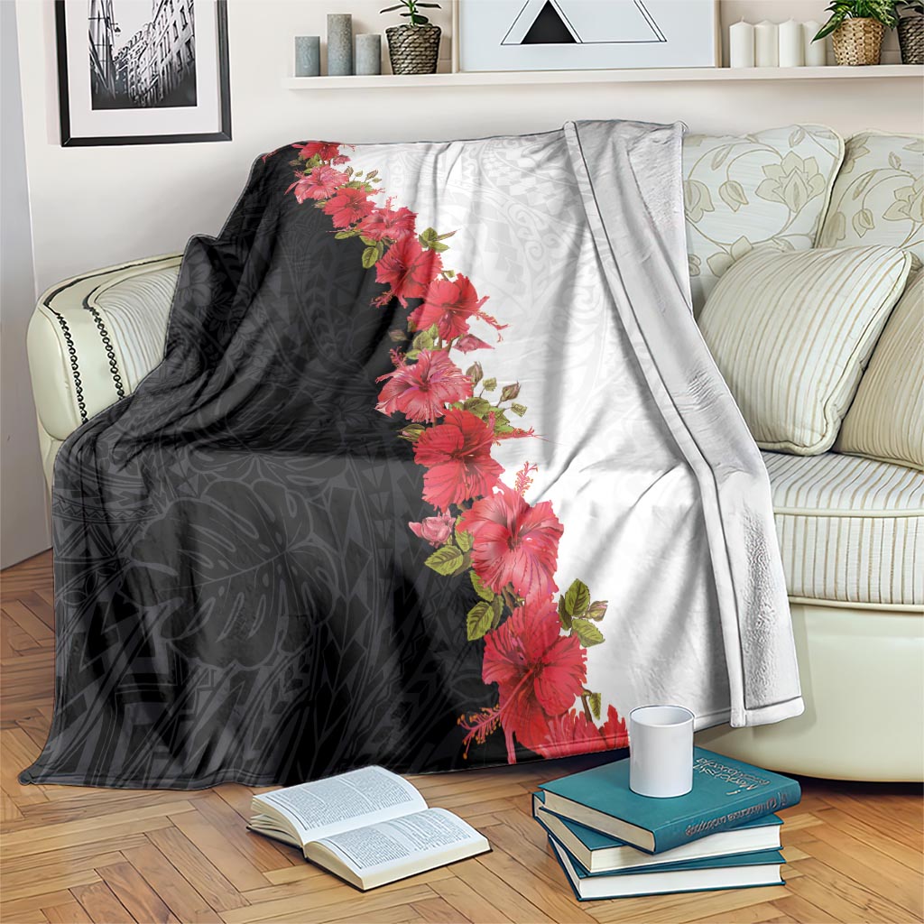 Hawaii Red Hibiscus Flowers Blanket Polynesian Pattern With Half Black White Version LT03 Black - Polynesian Pride