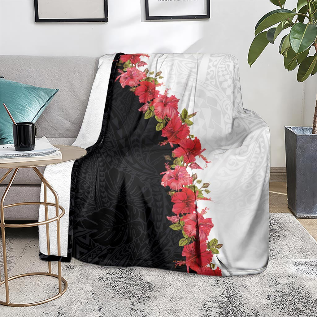 Hawaii Red Hibiscus Flowers Blanket Polynesian Pattern With Half Black White Version LT03 - Polynesian Pride