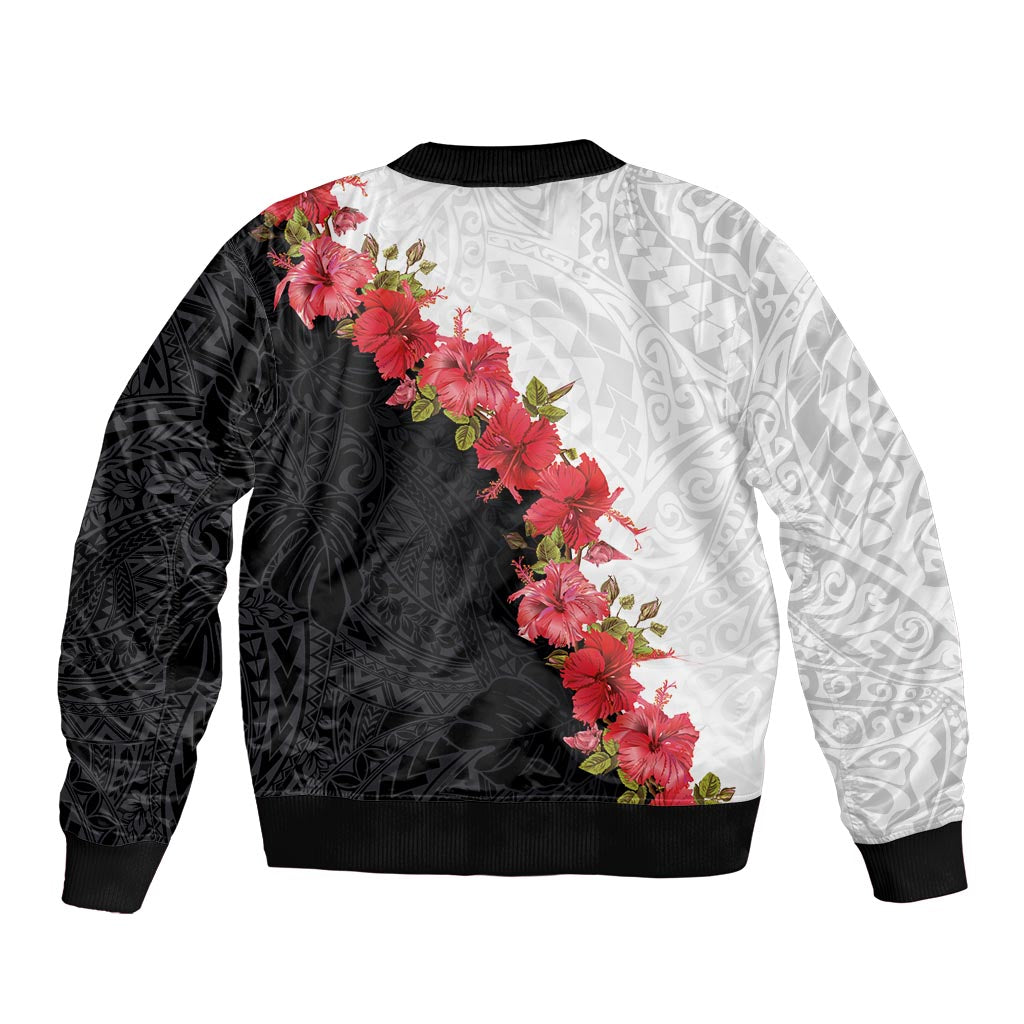 Hawaii Red Hibiscus Flowers Bomber Jacket Polynesian Pattern With Half Black White Version LT03 - Polynesian Pride