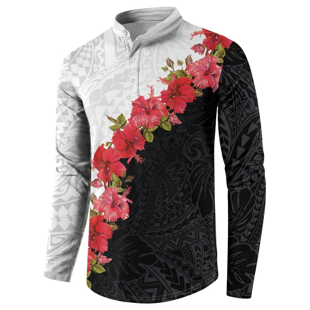 Hawaii Red Hibiscus Flowers Button Sweatshirt Polynesian Pattern With Half Black White Version LT03 - Polynesian Pride