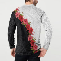 Hawaii Red Hibiscus Flowers Button Sweatshirt Polynesian Pattern With Half Black White Version LT03 - Polynesian Pride