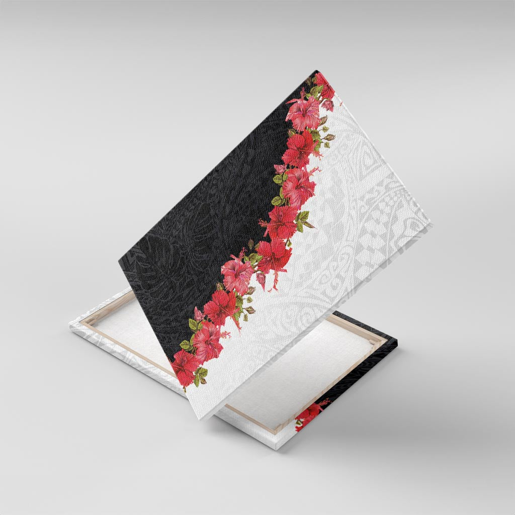 Hawaii Red Hibiscus Flowers Canvas Wall Art Polynesian Pattern With Half Black White Version LT03 With Frame Black - Polynesian Pride
