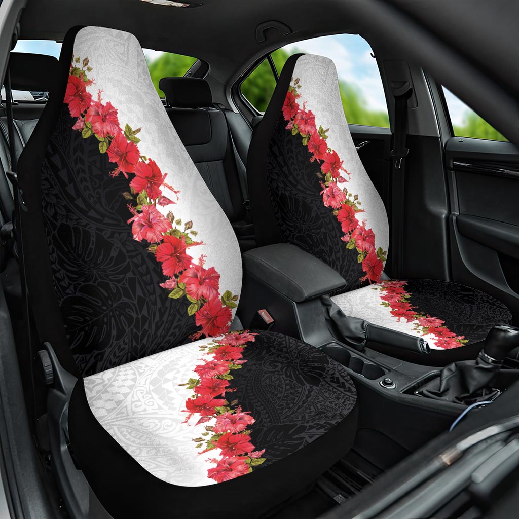 Hawaii Red Hibiscus Flowers Car Seat Cover Polynesian Pattern With Half Black White Version LT03 One Size Black - Polynesian Pride