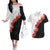 Hawaii Red Hibiscus Flowers Couples Matching Off The Shoulder Long Sleeve Dress and Hawaiian Shirt Polynesian Pattern With Half Black White Version