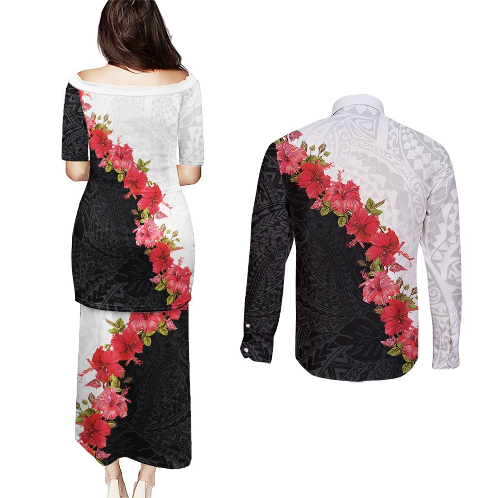 Hawaii Red Hibiscus Flowers Couples Matching Puletasi and Long Sleeve Button Shirt Polynesian Pattern With Half Black White Version LT03 - Polynesian Pride