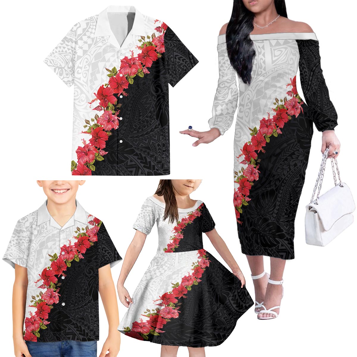 Hawaii Red Hibiscus Flowers Family Matching Off The Shoulder Long Sleeve Dress and Hawaiian Shirt Polynesian Pattern With Half Black White Version