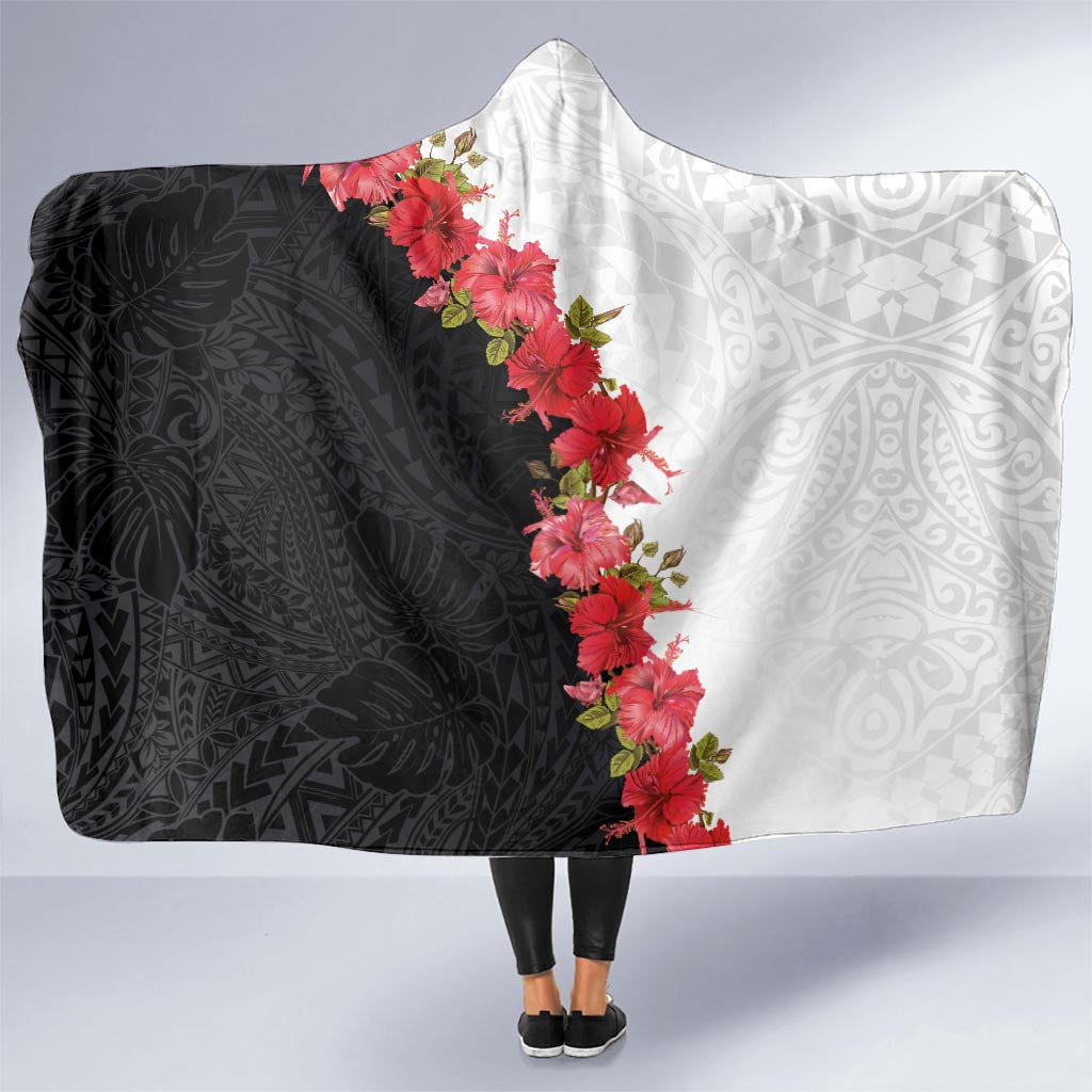 Hawaii Red Hibiscus Flowers Hooded Blanket Polynesian Pattern With Half Black White Version