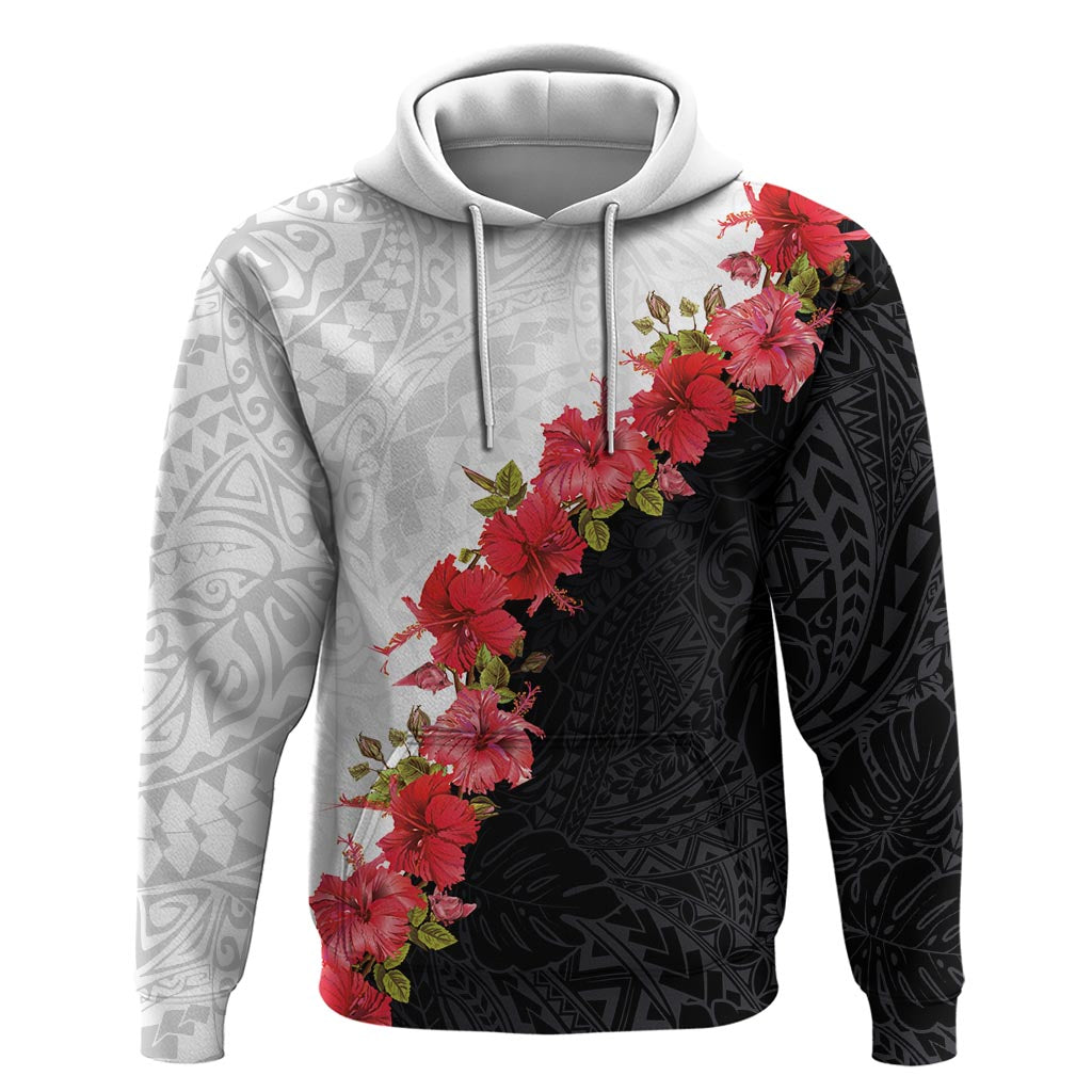 Hawaii Red Hibiscus Flowers Hoodie Polynesian Pattern With Half Black White Version LT03 Pullover Hoodie Black - Polynesian Pride