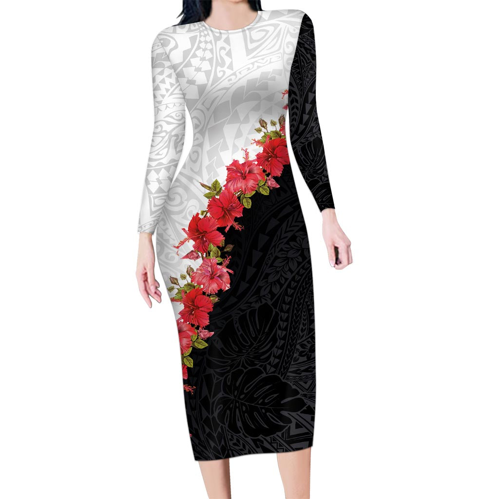 Hawaii Red Hibiscus Flowers Long Sleeve Bodycon Dress Polynesian Pattern With Half Black White Version LT03 Long Dress Black - Polynesian Pride