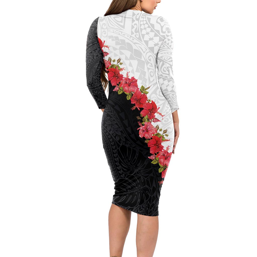 Hawaii Red Hibiscus Flowers Long Sleeve Bodycon Dress Polynesian Pattern With Half Black White Version LT03 - Polynesian Pride