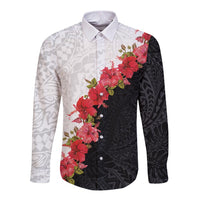 Hawaii Red Hibiscus Flowers Long Sleeve Button Shirt Polynesian Pattern With Half Black White Version LT03 Unisex Black - Polynesian Pride