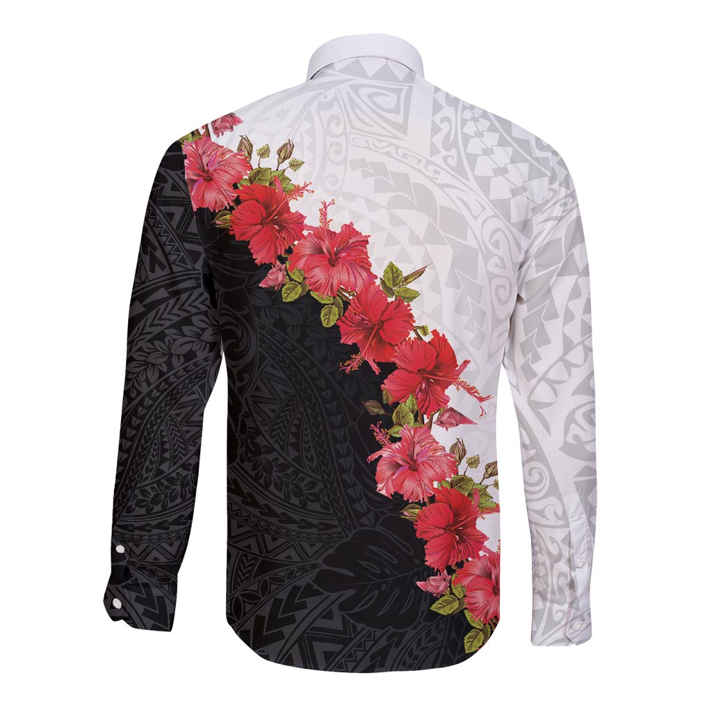 Hawaii Red Hibiscus Flowers Long Sleeve Button Shirt Polynesian Pattern With Half Black White Version LT03 - Polynesian Pride