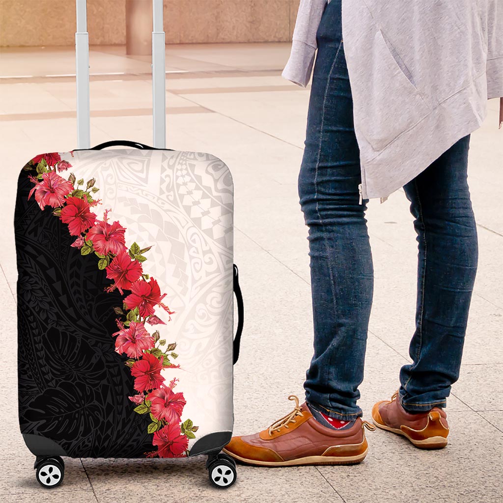 Hawaii Red Hibiscus Flowers Luggage Cover Polynesian Pattern With Half Black White Version LT03 Black - Polynesian Pride