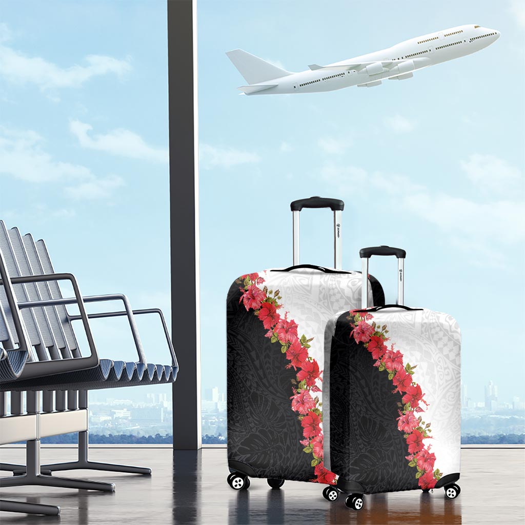 Hawaii Red Hibiscus Flowers Luggage Cover Polynesian Pattern With Half Black White Version LT03 - Polynesian Pride