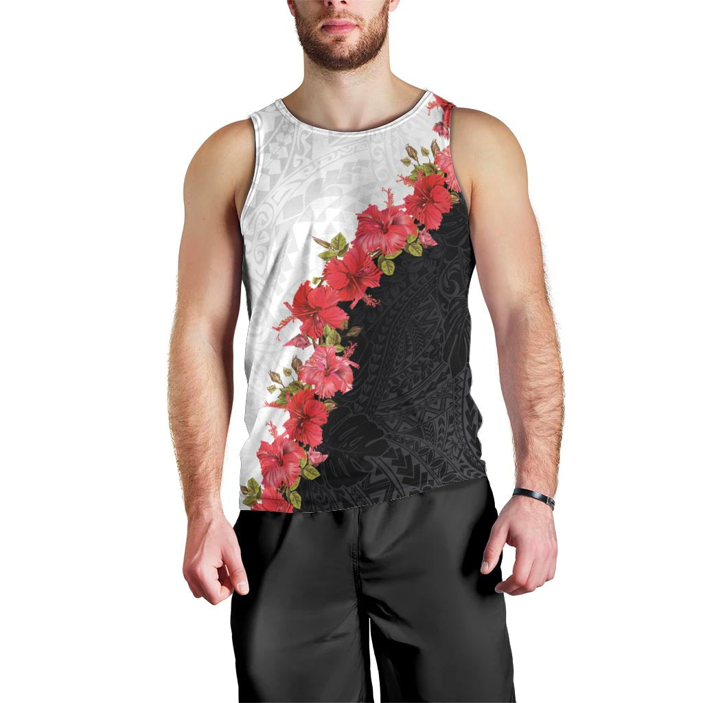 Hawaii Red Hibiscus Flowers Men Tank Top Polynesian Pattern With Half Black White Version LT03 - Polynesian Pride