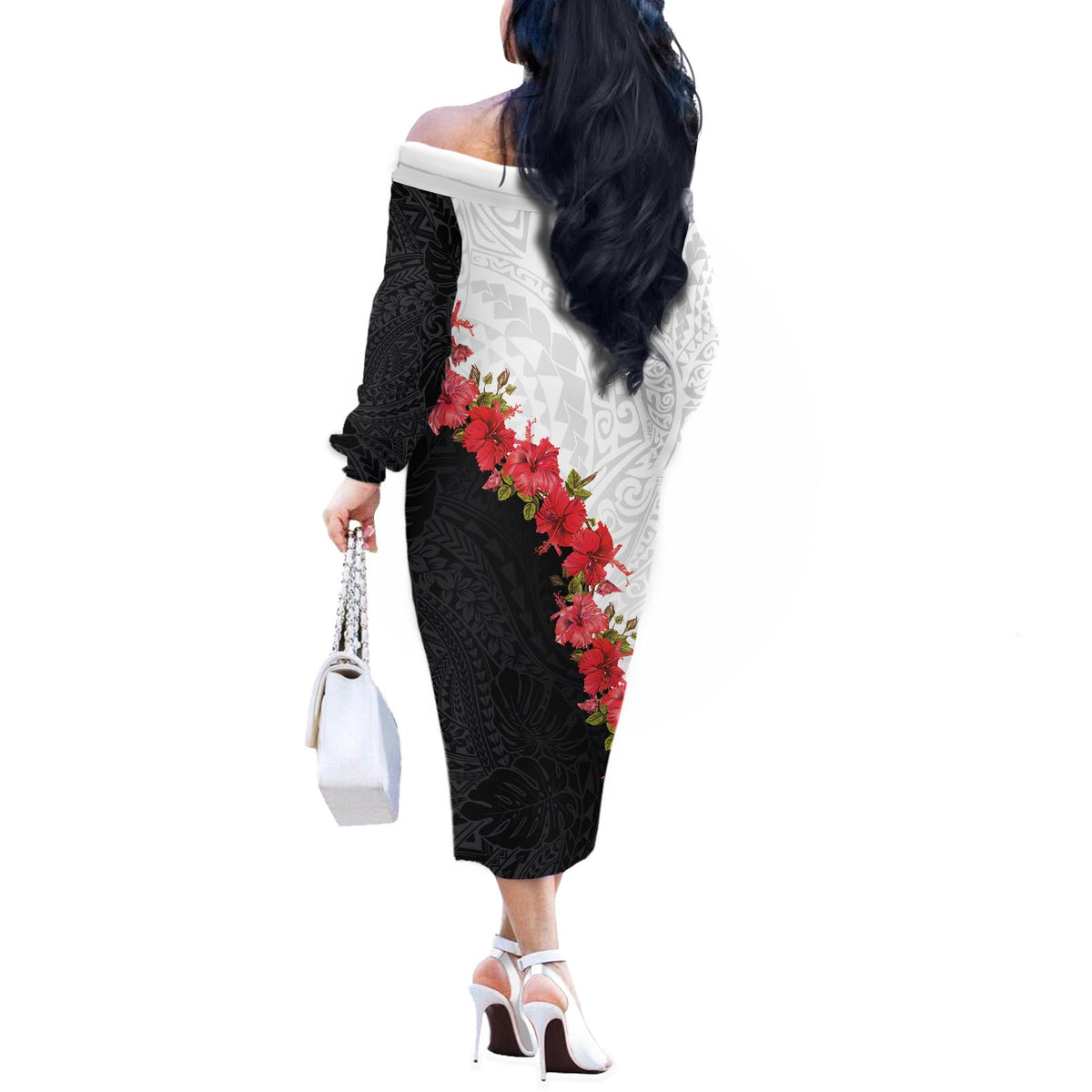 Hawaii Red Hibiscus Flowers Off The Shoulder Long Sleeve Dress Polynesian Pattern With Half Black White Version LT03 - Polynesian Pride