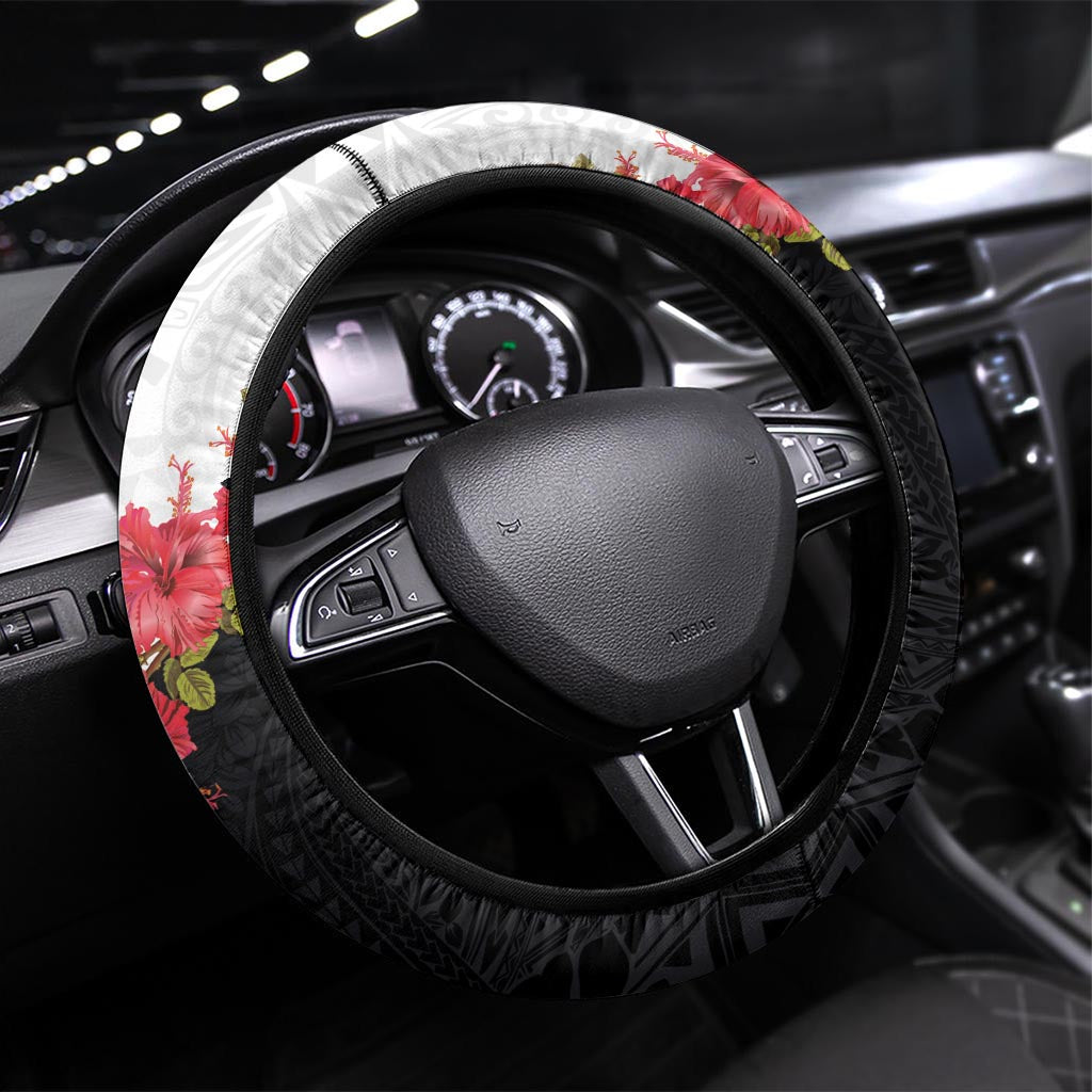 Hawaii Red Hibiscus Flowers Steering Wheel Cover Polynesian Pattern With Half Black White Version