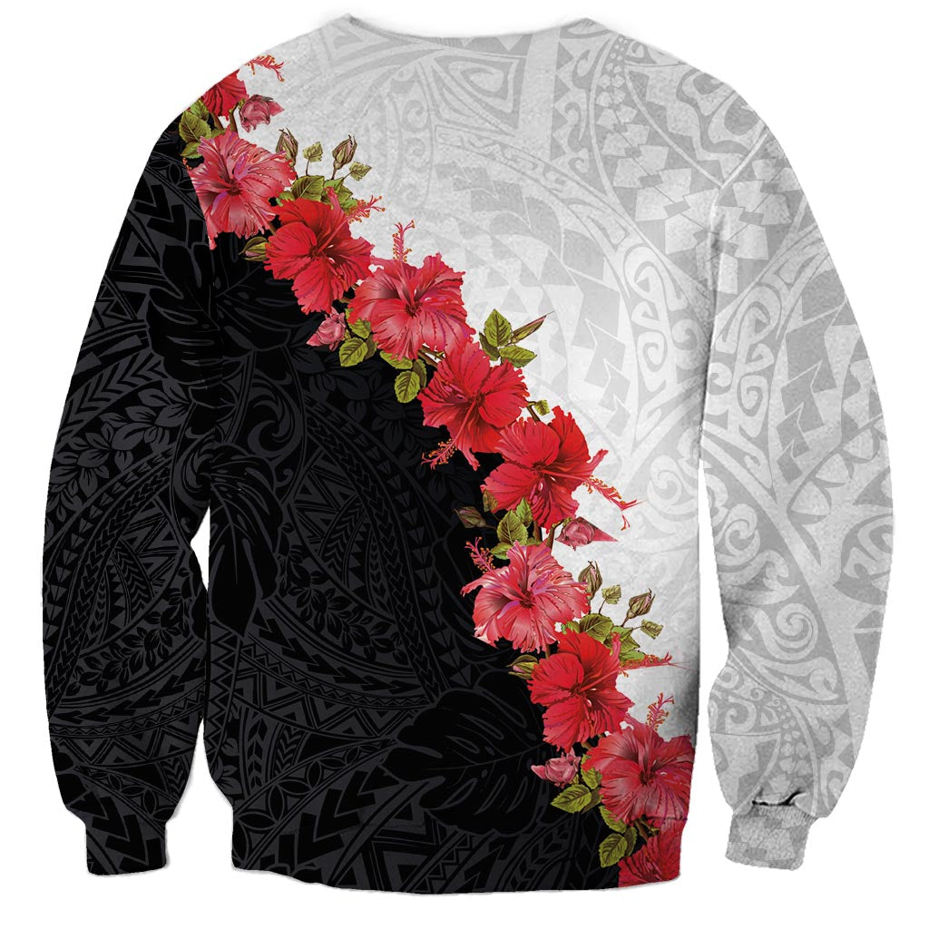 Hawaii Red Hibiscus Flowers Sweatshirt Polynesian Pattern With Half Black White Version LT03 - Polynesian Pride