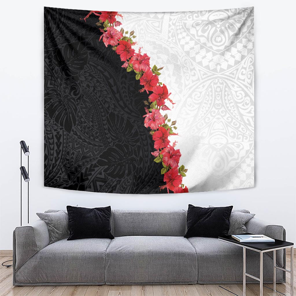 Hawaii Red Hibiscus Flowers Tapestry Polynesian Pattern With Half Black White Version LT03 Black - Polynesian Pride