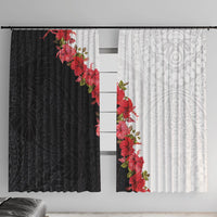 Hawaii Red Hibiscus Flowers Window Curtain Polynesian Pattern With Half Black White Version LT03 With Hooks Black - Polynesian Pride