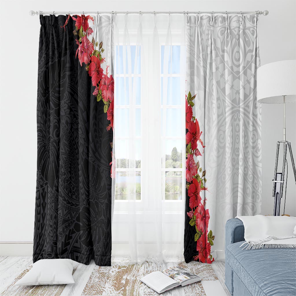 Hawaii Red Hibiscus Flowers Window Curtain Polynesian Pattern With Half Black White Version LT03 - Polynesian Pride