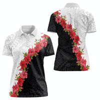 Hawaii Red Hibiscus Flowers Women Polo Shirt Polynesian Pattern With Half Black White Version LT03 - Polynesian Pride