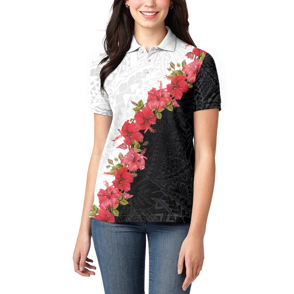 Hawaii Red Hibiscus Flowers Women Polo Shirt Polynesian Pattern With Half Black White Version LT03 - Polynesian Pride