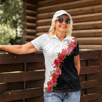 Hawaii Red Hibiscus Flowers Women Polo Shirt Polynesian Pattern With Half Black White Version LT03 - Polynesian Pride