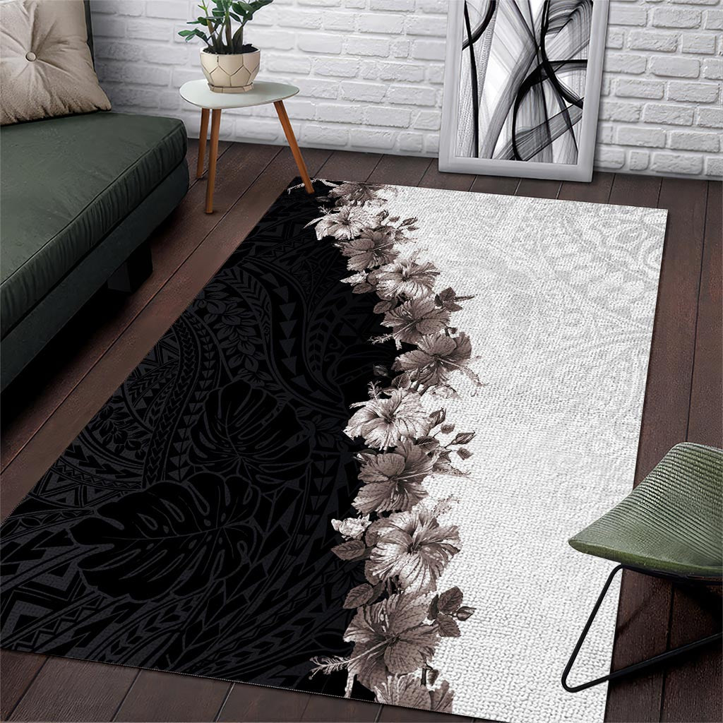 Hawaii Grayscale Hibiscus Flowers Area Rug Polynesian Pattern With Half Black White Version LT03 Black - Polynesian Pride