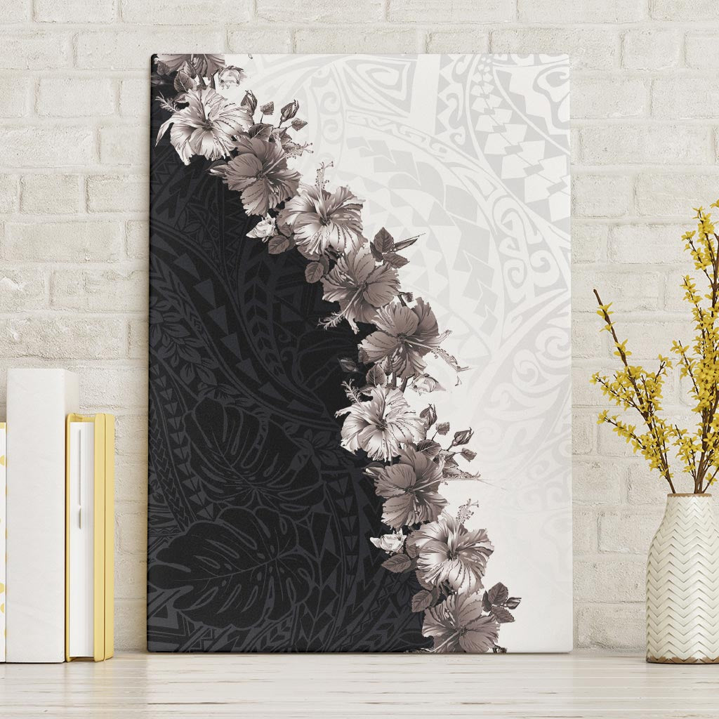 Hawaii Grayscale Hibiscus Flowers Canvas Wall Art Polynesian Pattern With Half Black White Version LT03 Without Frame Black - Polynesian Pride