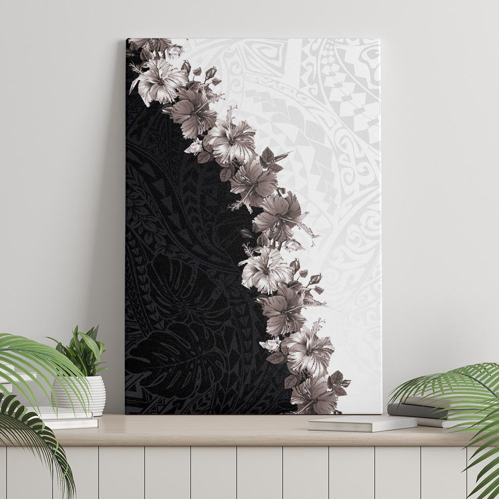 Hawaii Grayscale Hibiscus Flowers Canvas Wall Art Polynesian Pattern With Half Black White Version LT03 - Polynesian Pride