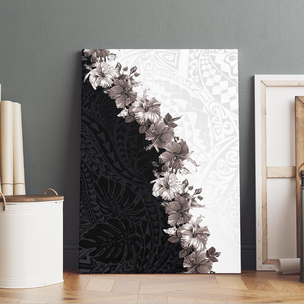 Hawaii Grayscale Hibiscus Flowers Canvas Wall Art Polynesian Pattern With Half Black White Version LT03 - Polynesian Pride