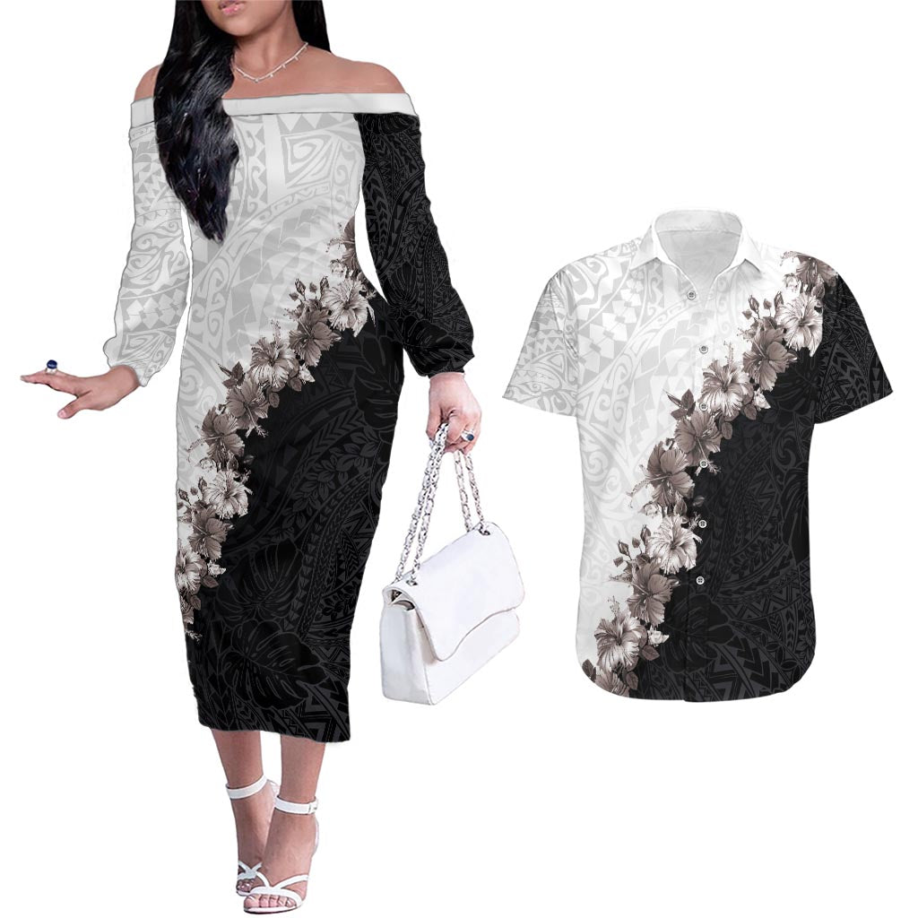 Hawaii Grayscale Hibiscus Flowers Couples Matching Off The Shoulder Long Sleeve Dress and Hawaiian Shirt Polynesian Pattern With Half Black White Version