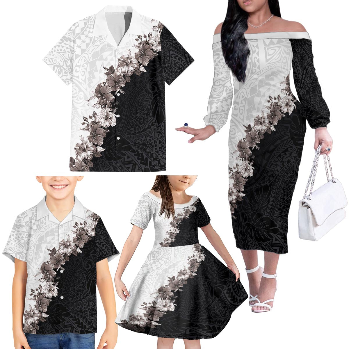 Hawaii Grayscale Hibiscus Flowers Family Matching Off The Shoulder Long Sleeve Dress and Hawaiian Shirt Polynesian Pattern With Half Black White Version