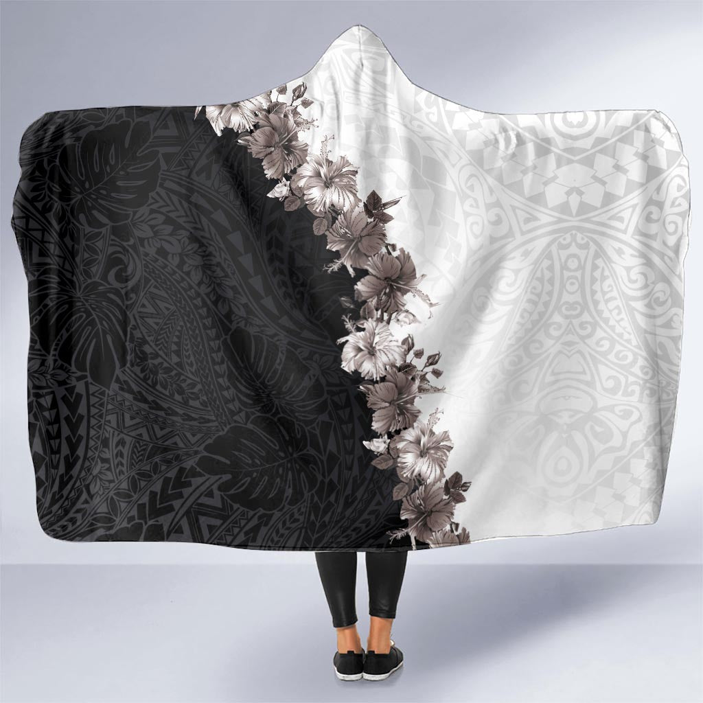 Hawaii Grayscale Hibiscus Flowers Hooded Blanket Polynesian Pattern With Half Black White Version