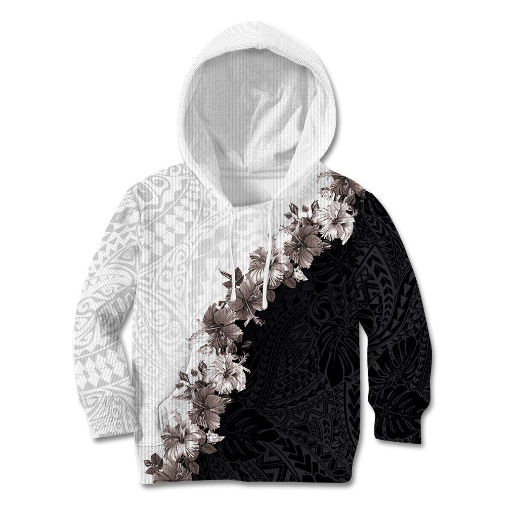 Hawaii Grayscale Hibiscus Flowers Kid Hoodie Polynesian Pattern With Half Black White Version LT03 Hoodie Black - Polynesian Pride