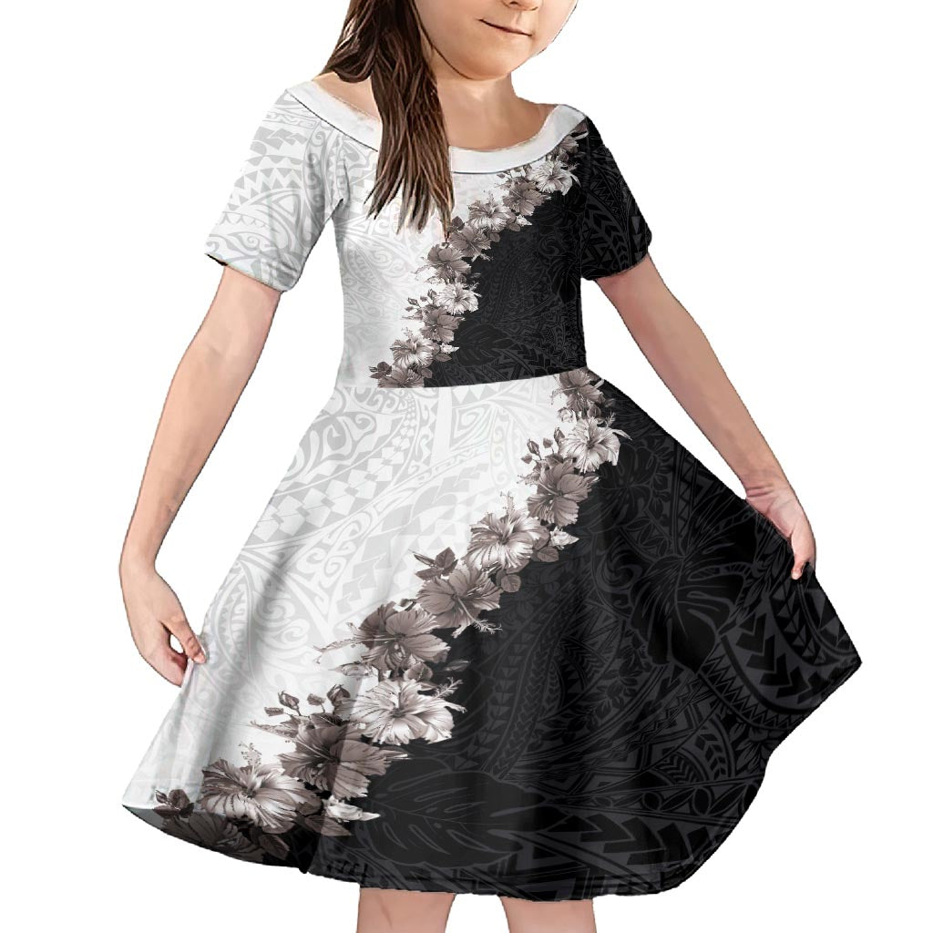 Hawaii Grayscale Hibiscus Flowers Kid Short Sleeve Dress Polynesian Pattern With Half Black White Version LT03 KID Black - Polynesian Pride