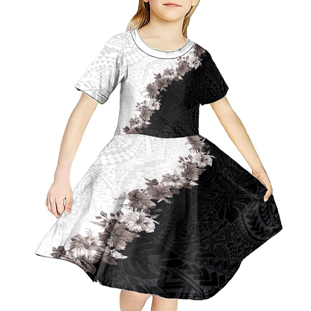 Hawaii Grayscale Hibiscus Flowers Kid Short Sleeve Dress Polynesian Pattern With Half Black White Version LT03 - Polynesian Pride