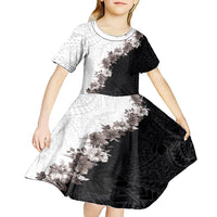 Hawaii Grayscale Hibiscus Flowers Kid Short Sleeve Dress Polynesian Pattern With Half Black White Version LT03 - Polynesian Pride