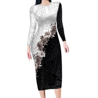 Hawaii Grayscale Hibiscus Flowers Long Sleeve Bodycon Dress Polynesian Pattern With Half Black White Version LT03 Long Dress Black - Polynesian Pride