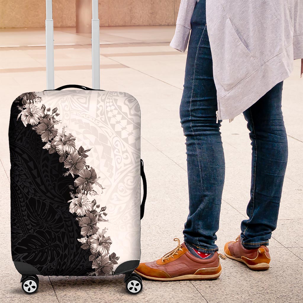 Hawaii Grayscale Hibiscus Flowers Luggage Cover Polynesian Pattern With Half Black White Version LT03 Black - Polynesian Pride