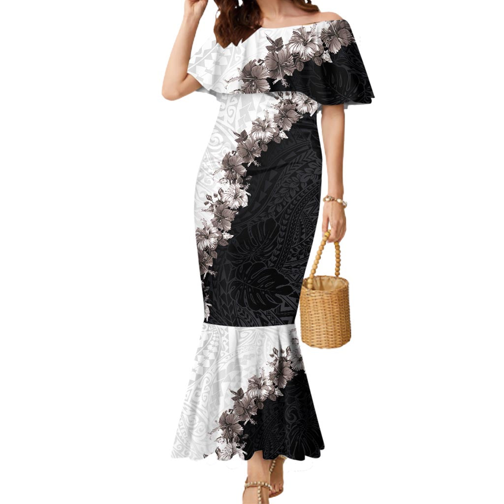 Hawaii Grayscale Hibiscus Flowers Mermaid Dress Polynesian Pattern With Half Black White Version LT03 Women Black - Polynesian Pride