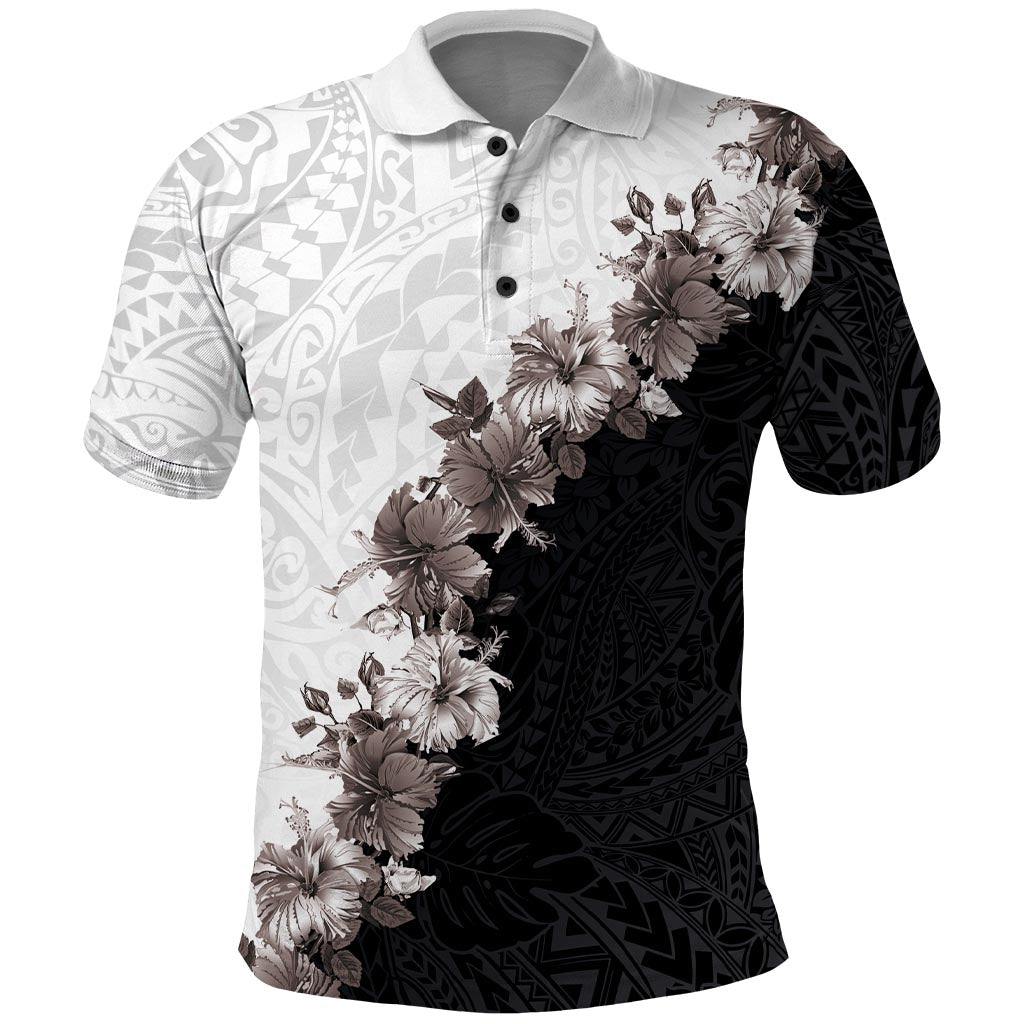 Hawaii Grayscale Hibiscus Flowers Polo Shirt Polynesian Pattern With Half Black White Version