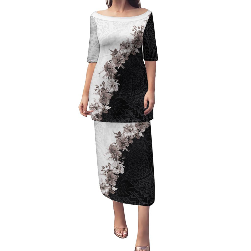 Hawaii Grayscale Hibiscus Flowers Puletasi Polynesian Pattern With Half Black White Version LT03 Long Dress Black - Polynesian Pride