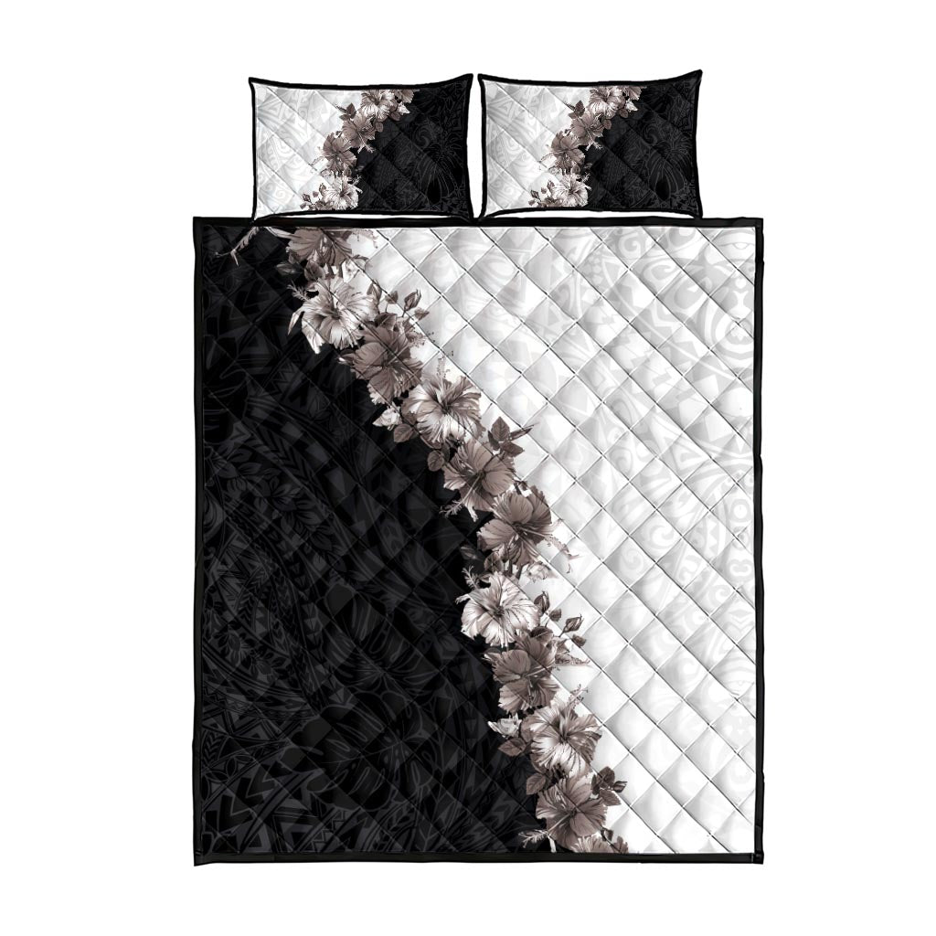 Hawaii Grayscale Hibiscus Flowers Quilt Bed Set Polynesian Pattern With Half Black White Version LT03 - Polynesian Pride