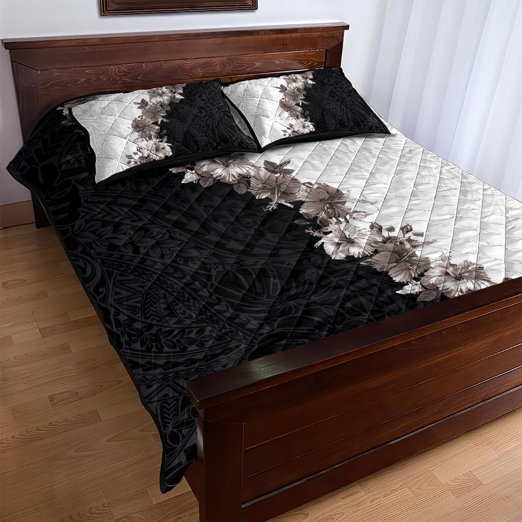 Hawaii Grayscale Hibiscus Flowers Quilt Bed Set Polynesian Pattern With Half Black White Version LT03 - Polynesian Pride