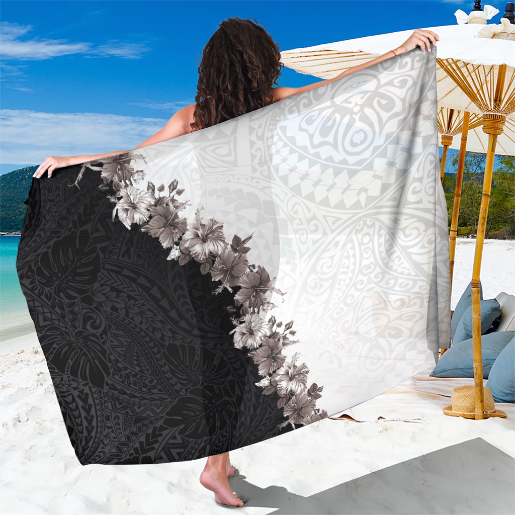 Hawaii Grayscale Hibiscus Flowers Sarong Polynesian Pattern With Half Black White Version LT03 One Size 44 x 66 inches Black - Polynesian Pride
