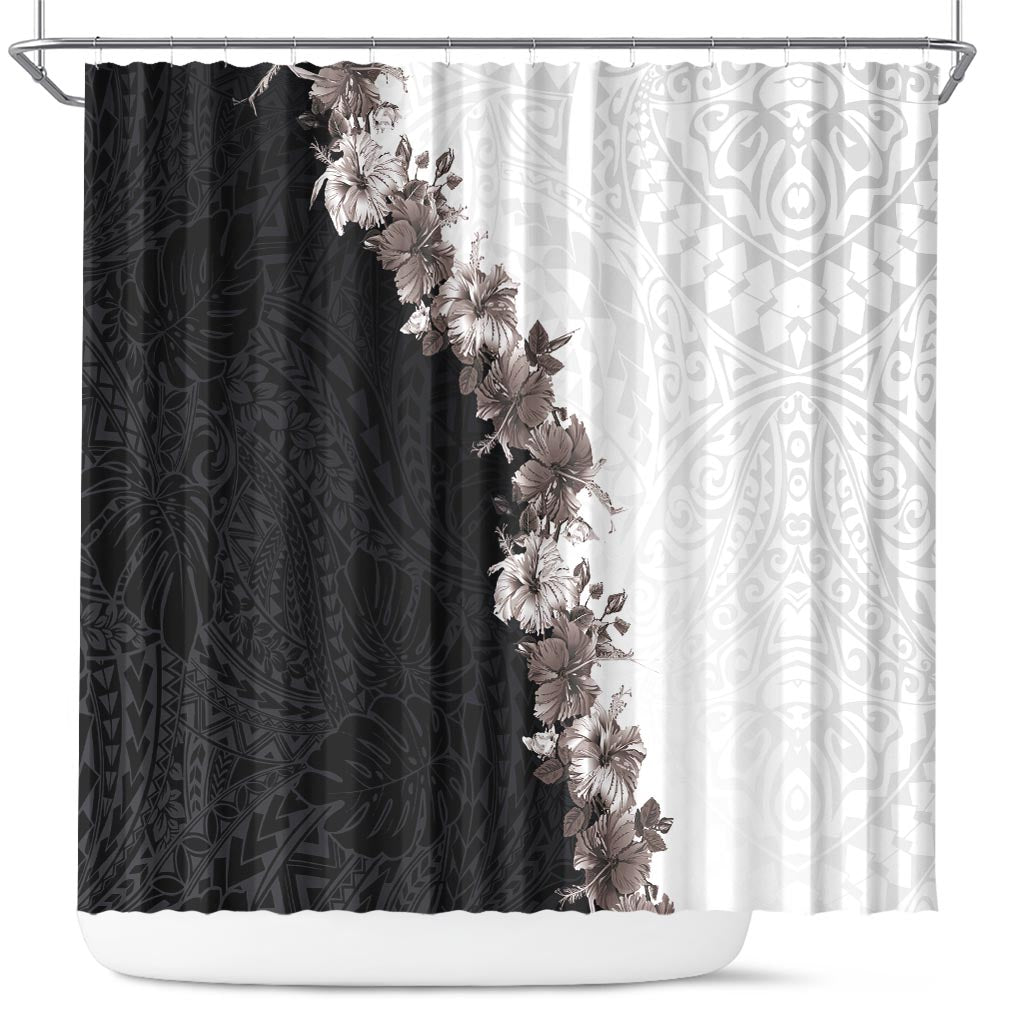 Hawaii Grayscale Hibiscus Flowers Shower Curtain Polynesian Pattern With Half Black White Version LT03 Black - Polynesian Pride