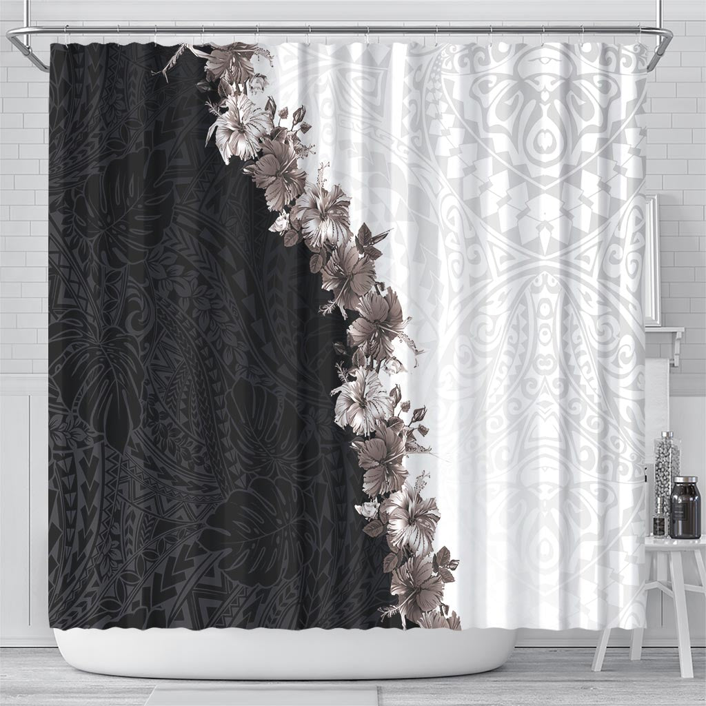 Hawaii Grayscale Hibiscus Flowers Shower Curtain Polynesian Pattern With Half Black White Version LT03 - Polynesian Pride